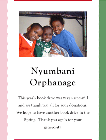 Book Drive Poster with Photograph from Nyumbani Orphanage courtesy of Sandra Solem