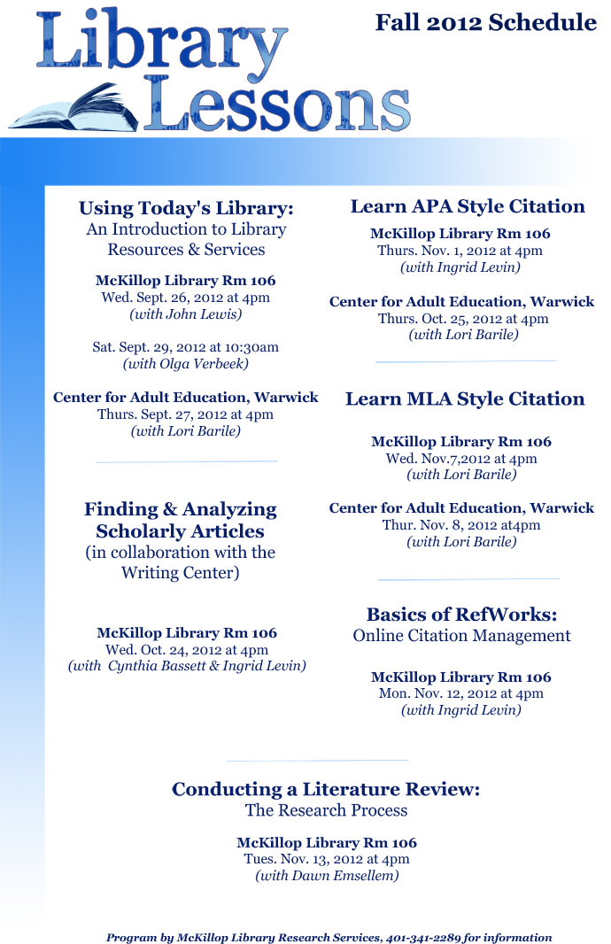 Library Lessons Fall 2012 schedule