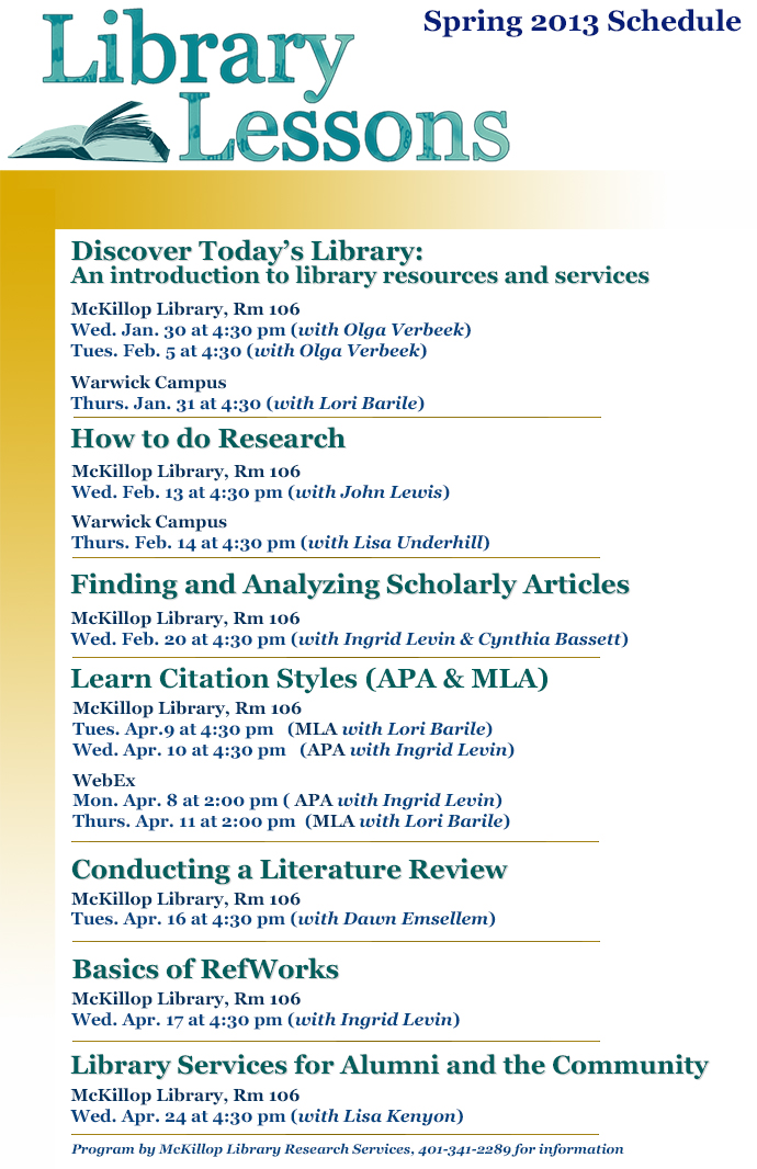 Library Lessons Spring 2013 schedule
